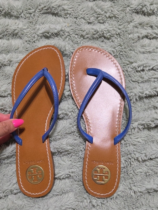 Tory Burch Shoes - Tory Burch Blue Strap Tan Leather Flip Sandals